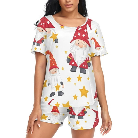 joogoo Women's Pajama Set Christmas Gnomes Stars Short Sleepwear Loungewear with Pockets M