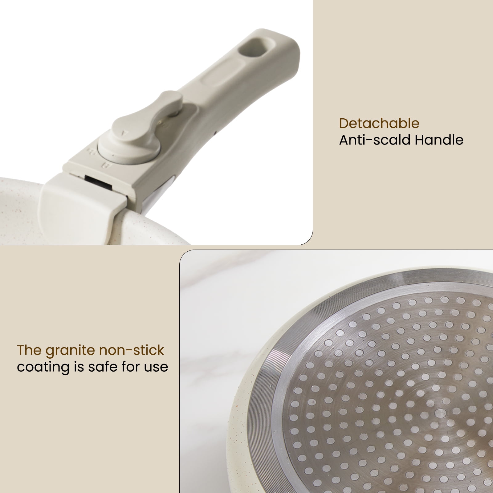JIOABL 12 Pcs Non-Stick Cookware Set Pots and Pans with Detachable Handles for Kitchen, Beige