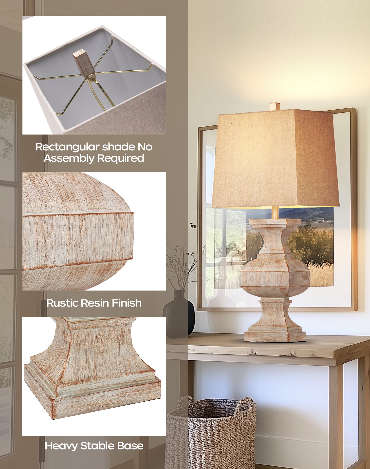 27'' Large Antique Resin Table Lamp for Living Room Bedroom Deco, Bedside Desk Lamps Vintage Nightstand Lamps with Linen Shades