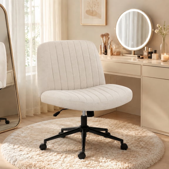 Kelno Armless Criss Cross Office Chair with Wheels 300lb Capacity Wide Seat Cross Legged Desk Chair Height Adjustable Swivel Vanity Chair, Beige Linen
