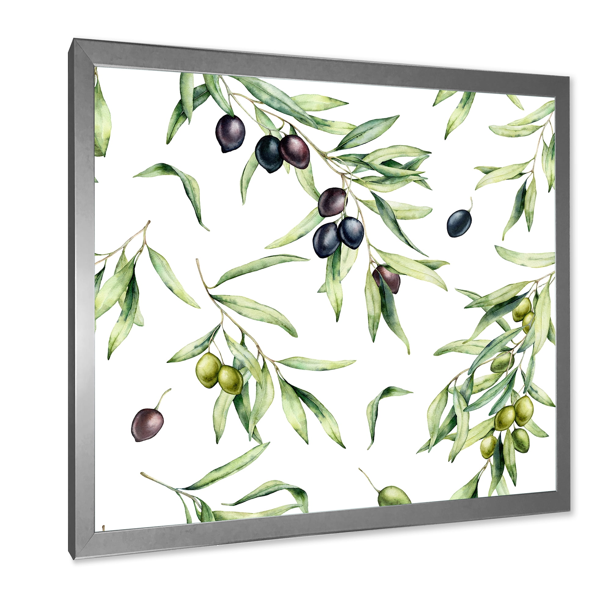Designart 'Black and Green Olives With Olive Branches & Leaves' Lake House Framed Art Print