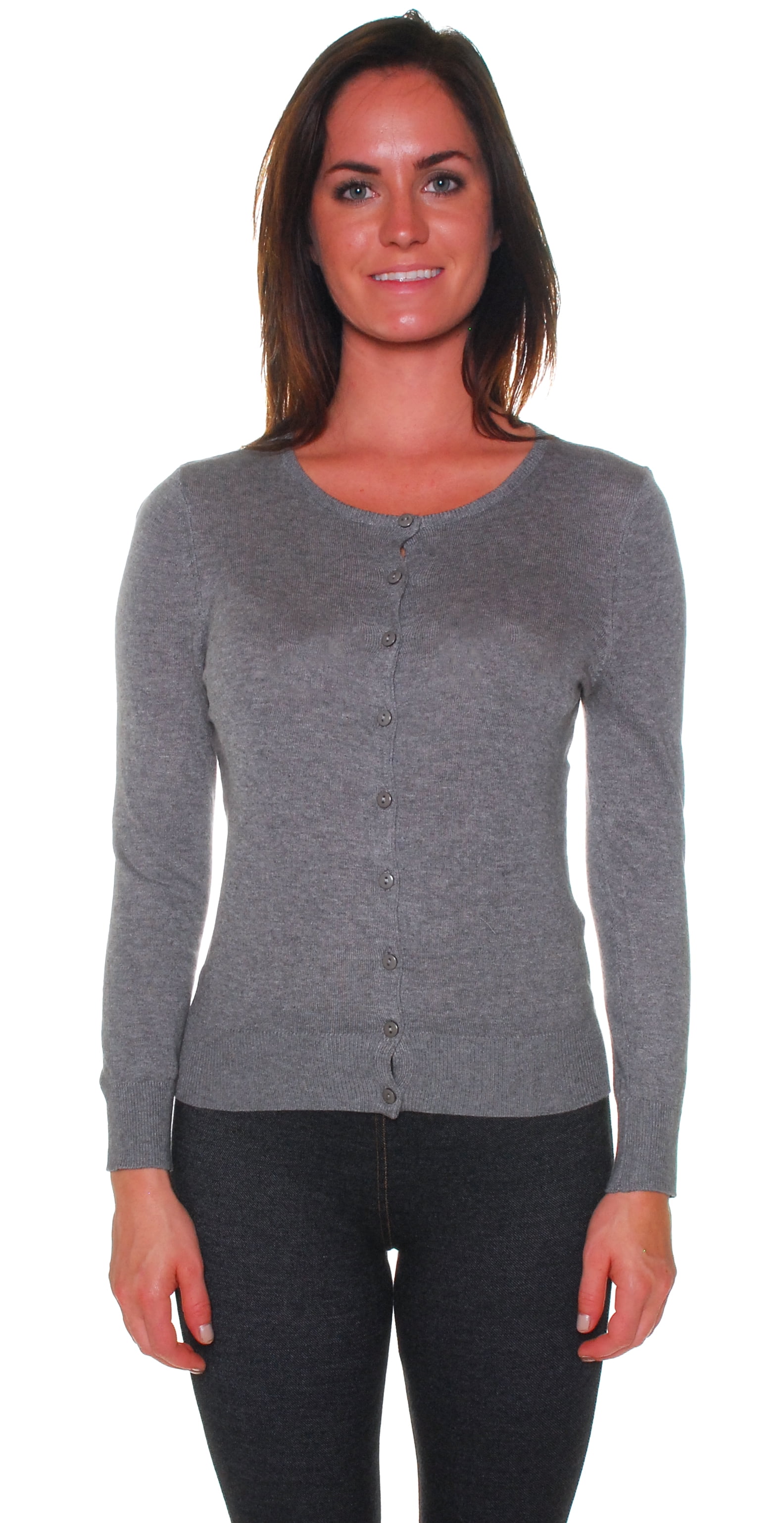 Active USA Junior Women's Classic Basic Round Neck Cardigan Sweater Top