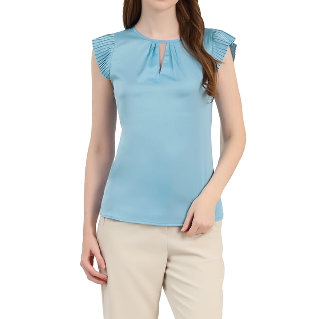 INSPIRAR CHIC Blusa de Mujer con Corte en la Espalda y Manga Corta Plisada XS Azul Claro