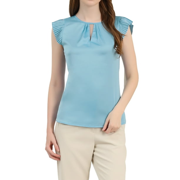 INSPIRAR CHIC Blusa de Mujer con Corte en la Espalda y Manga Corta Plisada S Azul Claro