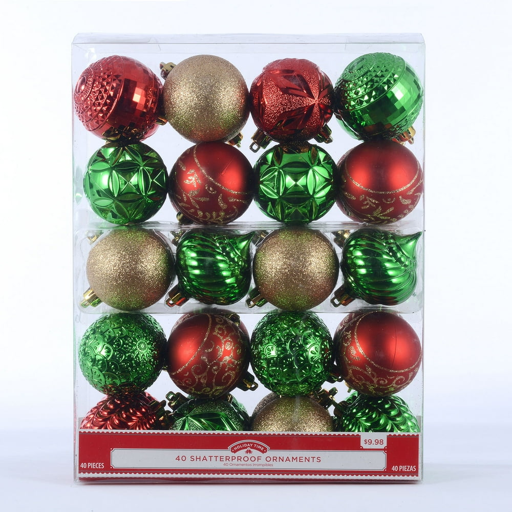 Holiday Time 40 Count Shatterproof Ornaments Red, Green & Gold