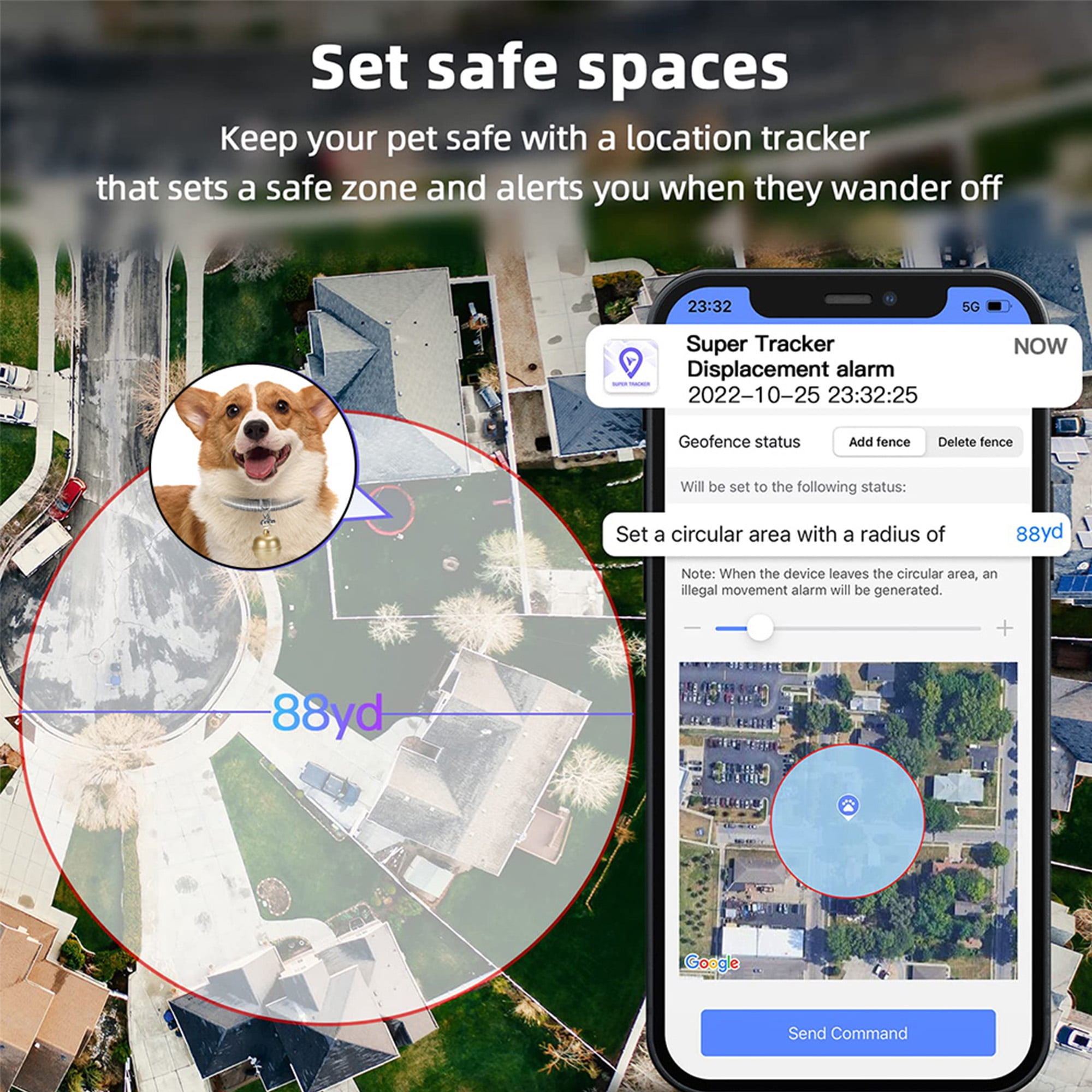 Pet Locator, Anti-lost Waterproof GPS Dog/Cat Tracker Wireless Collar Locator Electronic fence alarm, Historical Trajectory Playback, Support Multiple Caregivers