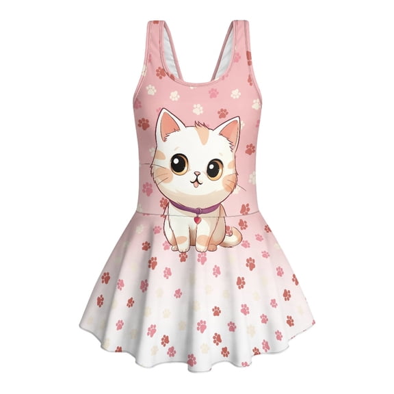 Psesaysky Toddler Girls One Piece Swimsuits Cute Kitty Bathing Suit for Kids Hawaiian Swimwear with Skirt Swim Dress Paws Size 3-4 Years