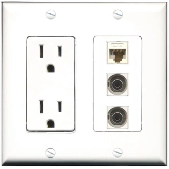 RiteAV - 15 Amp Power Outlet 2 Port 3.5mm 1 Port Cat6 Ethernet Ethernet White Decorative Wall Plate
