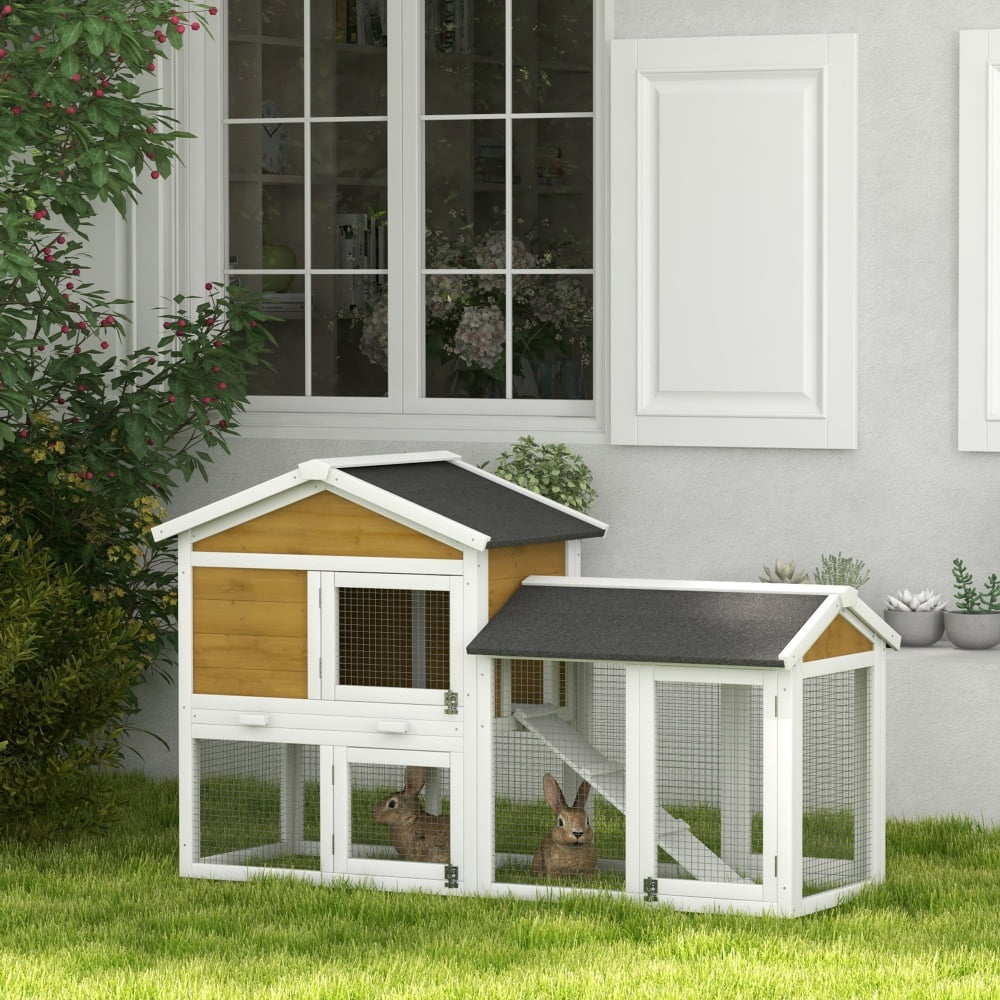 AUU PawHut 58" Wooden Rabbit Hutch for Guinea Pigs, Small Animal Enclosure with Run Area, Removable Tray, Asphalt Roof, Lockable Doors & Ramp, Nature Wood Finish