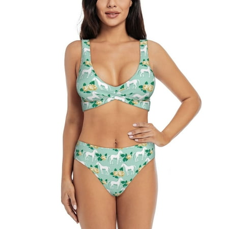 Zeuib Horse And Flower High Waisted Tummy Control Bikini Set - Knot Front Push Up Top & Cheeky Thong Bottom  Two-Piece Swimsuit for Women-Medium