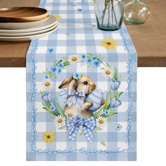 Table Runner - 60 Inch Long, Easter Rabbits Kitchen Dining Table Runner Dresser Scarves, Spring Eggs Tulips Daisy Wreath Bunny Blue Plaid Farmhouse Decor for Coffee Tables Wedding Party Banquet