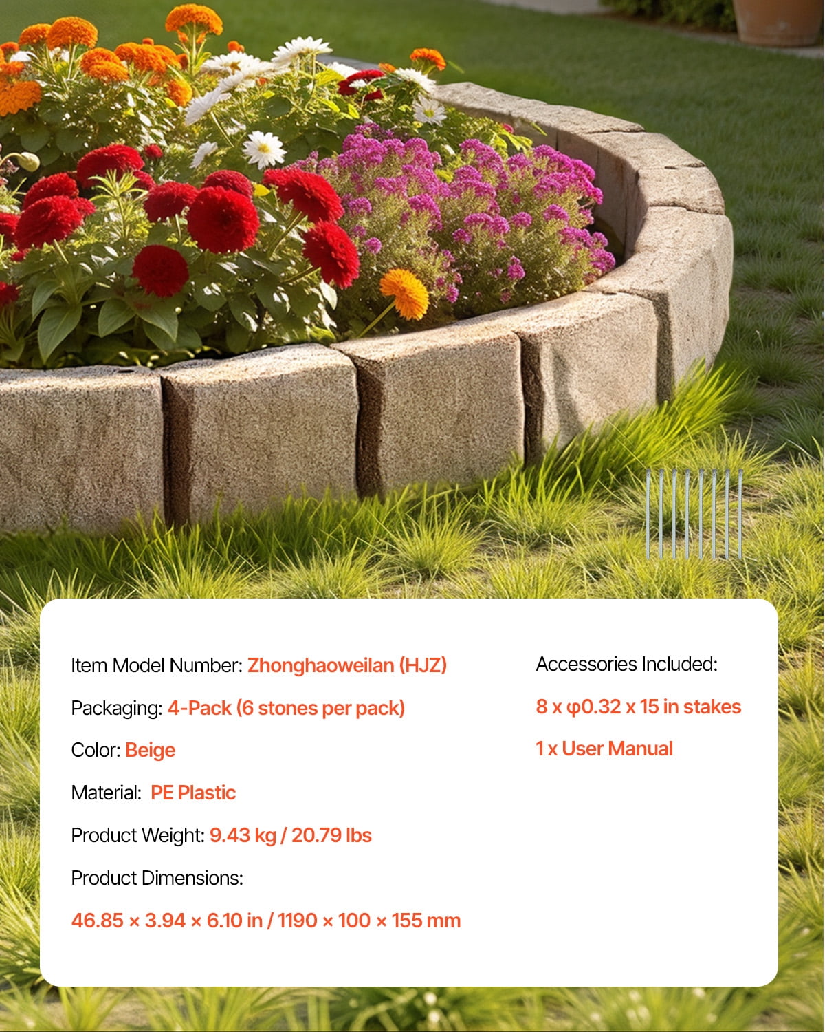 KFFKFF Faux Stone Garden Edging, 46.8 x 3.9 in Realistic Lawn Border, Flexible Brick-Style Landscape Edging with Anchoring Spikes, Durable Yard Edging for Pathways and Driveways, Brown
