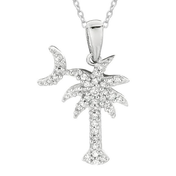 Sterling Silver Palmetto Tree Necklace with Cubic Zirconia – 25mm Pendant on 16" Chain
