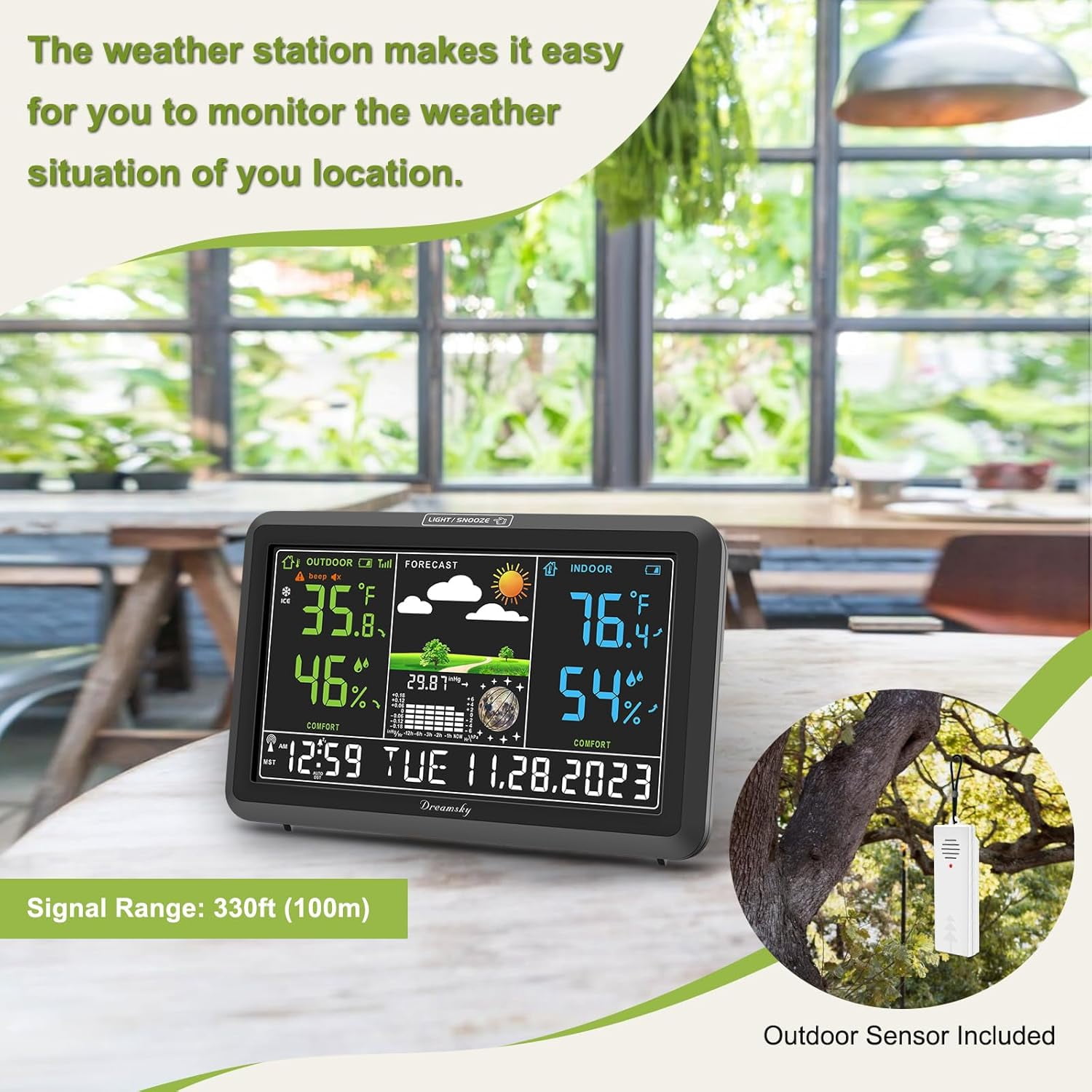 Weather Station Indoor Outdoor Thermometer Wireless with Digital Atomic Clock for Home, Large Display with Adjustable Backlight, USB Port, Inside Outside Temperature Humidity Monitor