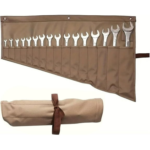 Heavy-Duty Wrench Organizer Roll-Up Bag with 16 Pockets, Waterproof Oxford Canvas Tool Pouch for Mechanics, Plumbers, DIY Home & Auto Repair (Khaki)