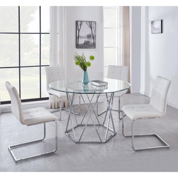 Steve Silver Company 5 Piece Modern Iron & Tempered Glass Dining Table Set, White
