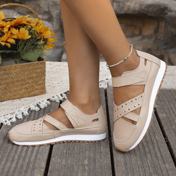 Ladies Sandals Women's Fashion Casual Spring And Summer Comfortable Solid Color Baotou Hollow Breathable Thick-Soled Sandals Beige