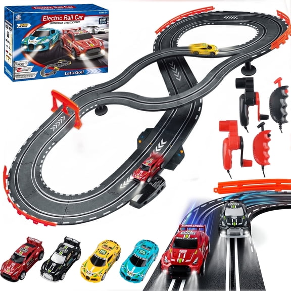 YCFUN Slot Car Race Track Set, Dual Racing Car Track with 4 Light-Up Cars, Electric/Hand Shake, Slot Car Track Toy for Kids Boys Age 4-12