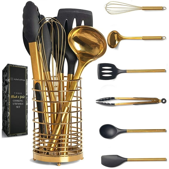 Styled Settings Black & Gold Silicone Kitchen Utensils Set with Gold Utensil Holder