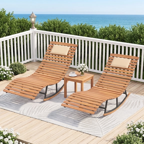 Gymax 2PCS Outdoor Rocking Chaise Lounge Patio Acacia Wood Lounger w/Slatted Seat & S-Shaped Design