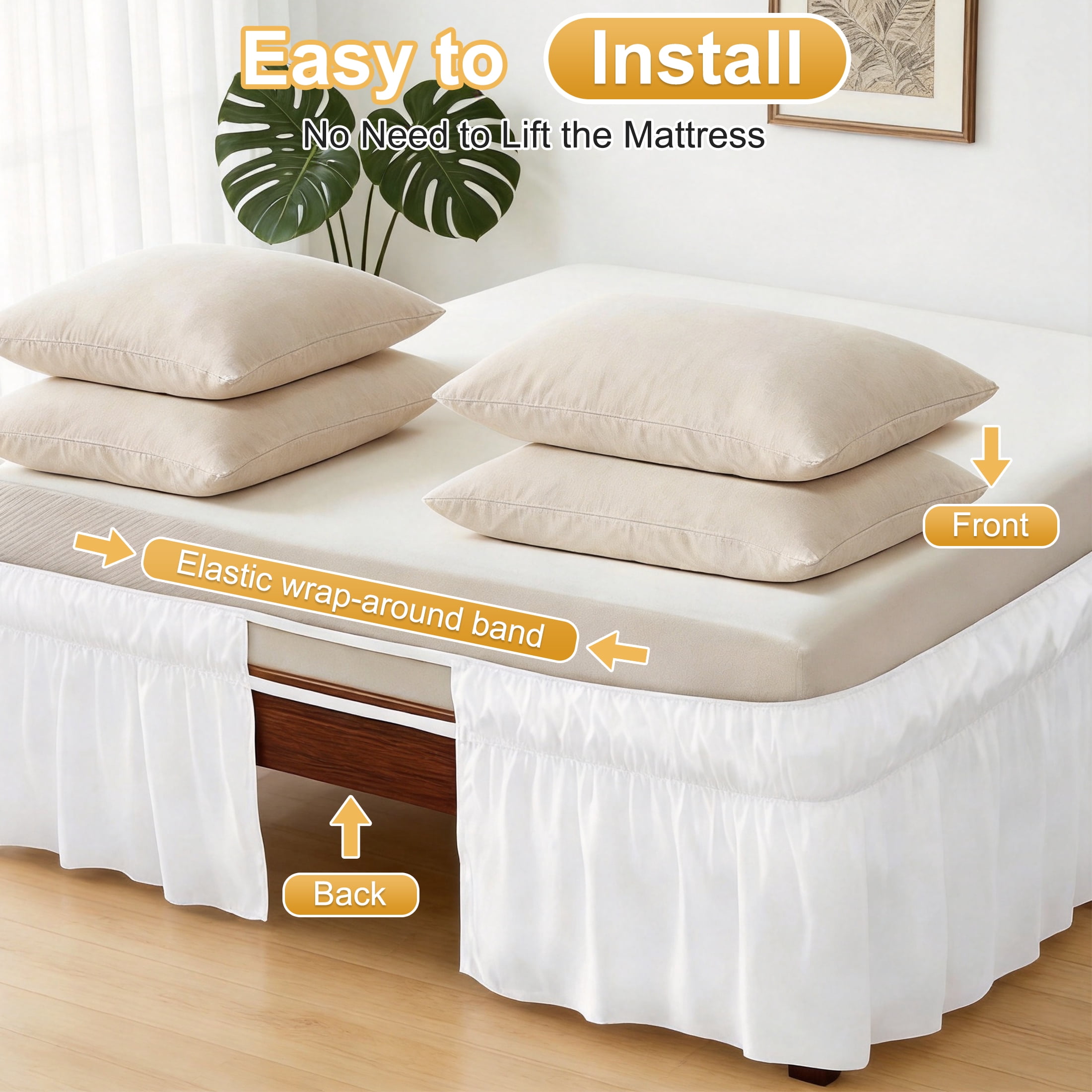 Queen Size Wrap Around Bed Skirt, 15 Inch Drop Elastic Ruffled Bed Skirt, No Lift Mattress Easy‑Fit Dust Ruffle, White Wrinkle Resistant Soft Fabric Bed Skirt