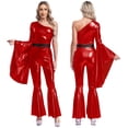 thumbnail image 6 of iiniim Womens 70s Vintage Disco Dance Metallic Shiny One Shoulder Flare Jumpsuits Clubwear Red XL, 6 of 7