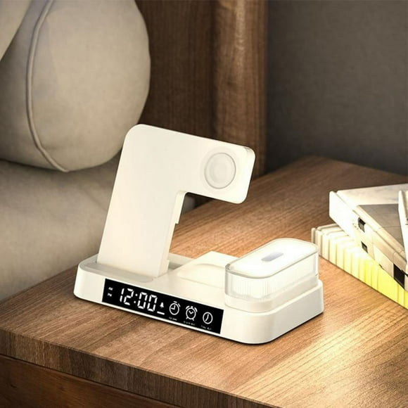4-in-1 Wireless Fast Charger Alarm Clock RGB Night Light Wireless Charging Station for Watch Phone White for Samsung