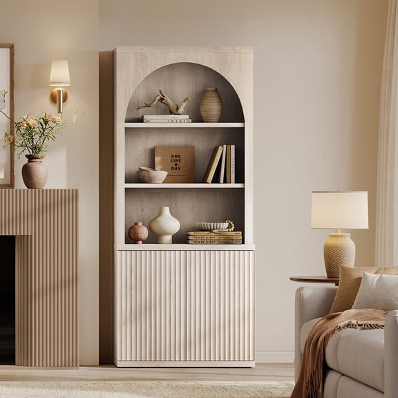 SICOTAS 77.6" Tall Storage Cabinet with Arched Hutch & Fluted Doors, Modern Bookcase with Adjustable Shelves, Kitchen Pantry Cabinet, Display Cabinet for Living Room, Home Office, Light Grey Alder
