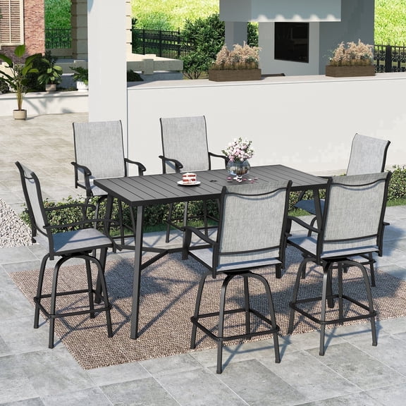 SUMMIT LIVING 7-Piece Outdoor Swivel Bar Stool Set with Table, 6 Metal Patio Counter Height Chairs and 1 Metal Bar Table, Black & Gray