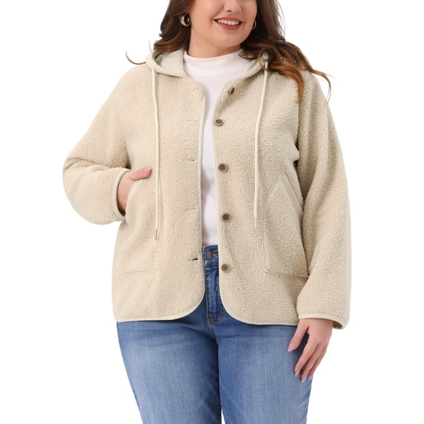 Chaqueta de forro polar con capucha y peluda para mujer de talla grande Agnes Orinda, manga larga, botón hacia abajo, abrigo casual de peluche con bolsillos 1X beige