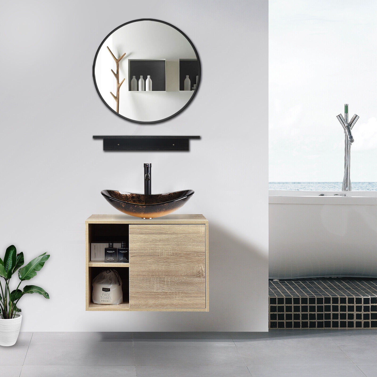 ELECWISH 24Inch Bathroom Vanity Set Wall Mounted Cabinet with/ Vessel Sink Mirror Shelf , PVC Panel Natural Cabinet with Black Side Panels(Cabinet + Sink)