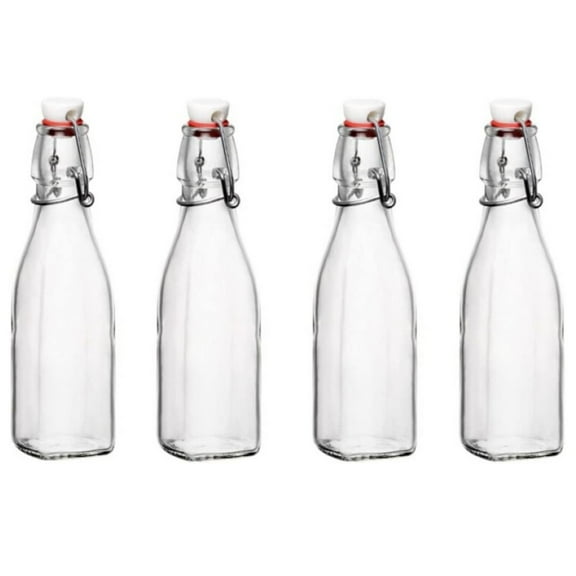 Bormioli Rocco Swing Top Glass Bottle (Set of 4) - 8.5 oz Reusable Container with Secure Metal Clasp, Ideal for Homemade Juices, Oil Infusions, Condiments, Mixers - Everyday Drinking Glasses