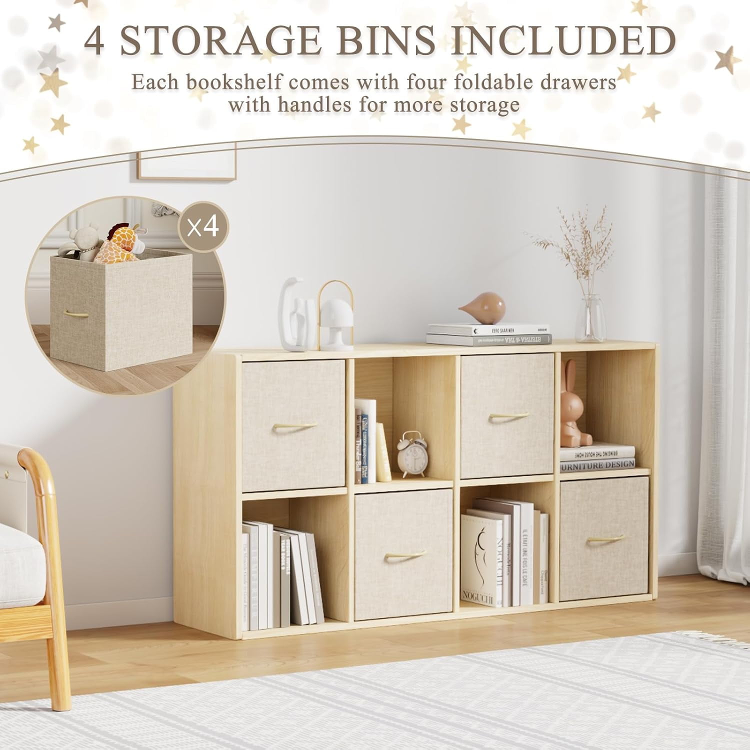 4 Cube Storage Organizer - Solid Wood Bookshelf with 2 Storage Bins, Cube Shelf with 2 Removable Back Panels, Vertical or Horizontal Bookcase, Open Book Shelf for Bedroom, Living Room, Office