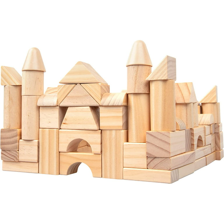Wooden Blocks - 100 Pc Wood Building Block Set with Carrying Bag and  Container (Natural Colored) - 100% Real Wood