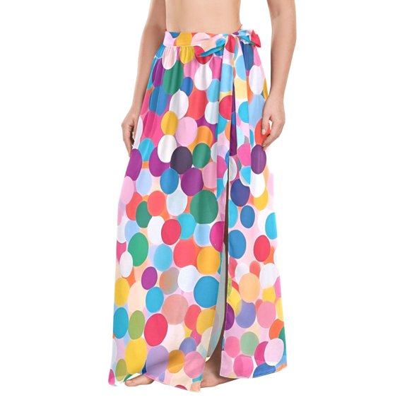 FORMRS Womens Long Sarong Beach Wrap Semi-Sheer Bikini Skirt Bathing Swimsuit Cover Up, Blue Colorful Circles