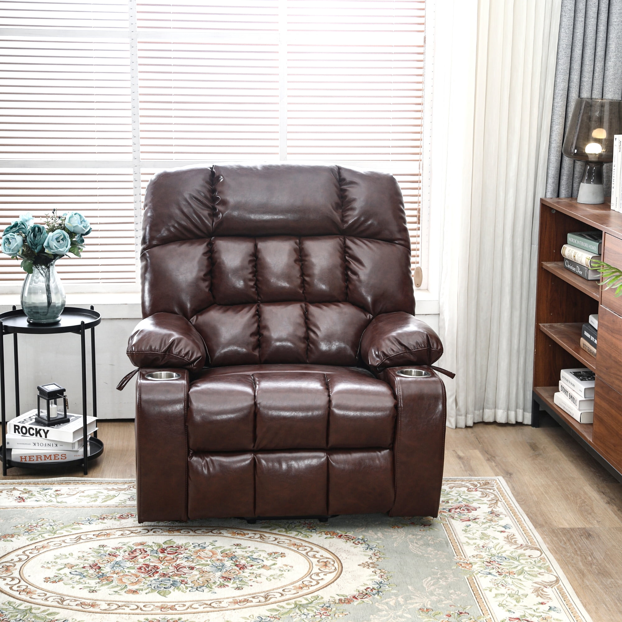 Premium Oversized Recliner Chair, 26 Inch Extra Wide Seat Recliner for Big and Tall, Large Power Lift Chair with Heat and Massage, Brown Leather