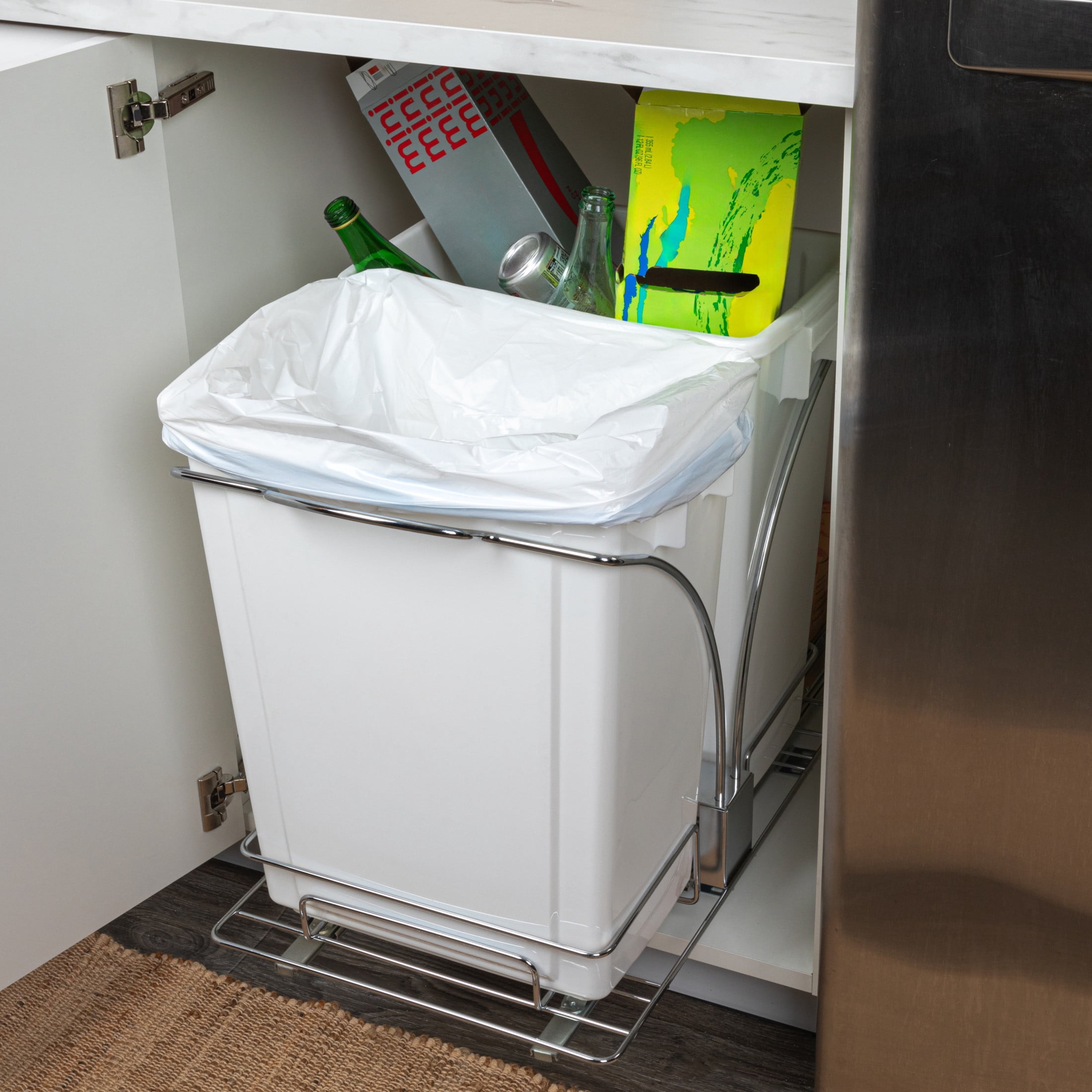 Household Essentials Glidez Chrome-Plated Steel Pull-Out/Slide-Out Discreet Double 9 Gallon Plastic Trash Cans and Recycling Bins for Under Cabinet Use - Fits Standard Size Cabinet, Chrome and White