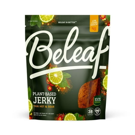 Beleaf Thai Hot & Sour Plant-Based Jerky: High-Protein Snack – Healthy and Flavorful Vegan Jerky for On-the-Go Energy – Tasty Meatless, Vegetarian Meat Alternative 3.5oz