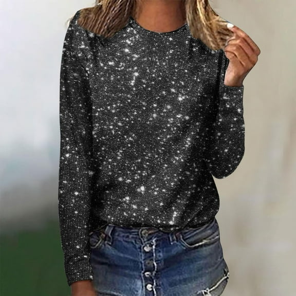 Ayolanni Black Summer Tops for Women Plus Size Long Sleeve Sequin Crew Neck Blouses Casual Blouses for Women