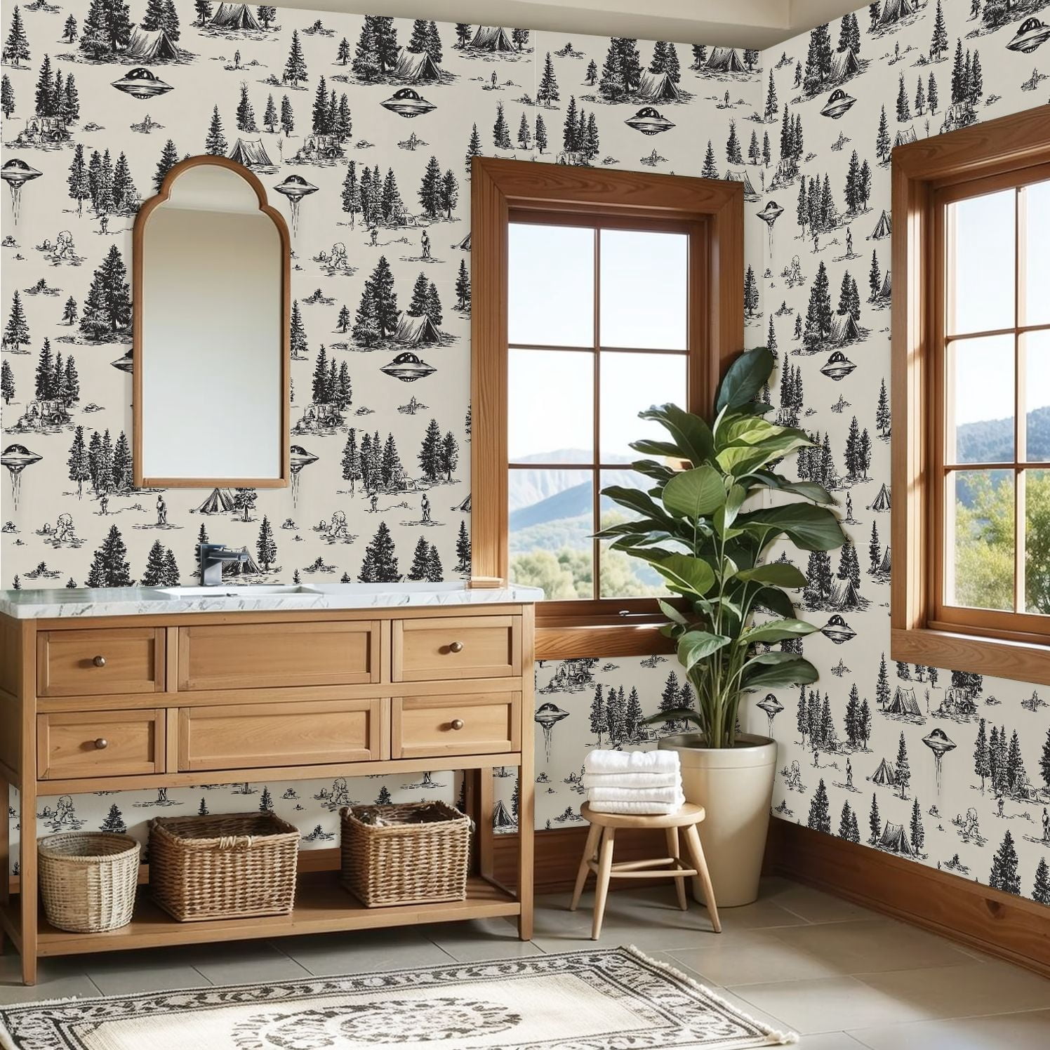Peel and Stick Wallpaper Encounter Forest Tents Camping Scene Wall Mural 23.6in x 9.8ft Self Adhesive Removable Wall Paper Renter Friendly Wallpaper for Nursery Bedroom Cabinets