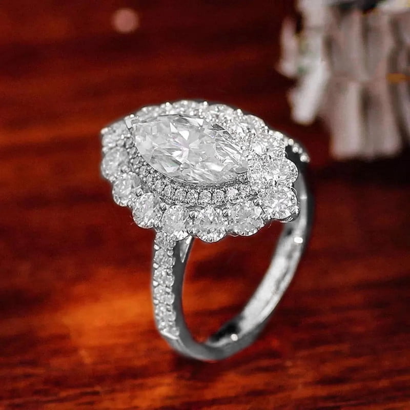 solitaire jewels Art Deco Marquise Moissanite Halo Engagement Ring For Women, 10K White Gold