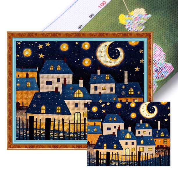 Hilo Algodón Bordado Punto Cruz Impreso 11CT Pueblo 60x50cm