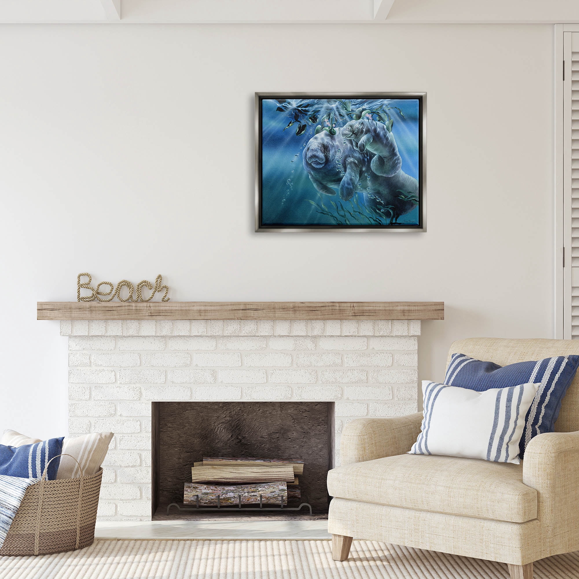 Stupell Industries Manatees Underwater Sun Rays Coastal Painting Gray Floater Framed Art Print Wall Art