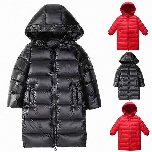 DJDLJWCJ Boys Parka Jacket Thicken Puffer Winter Warm Hooded Jacket Solid Color Full Zipper Quilted Coat Black Size 6