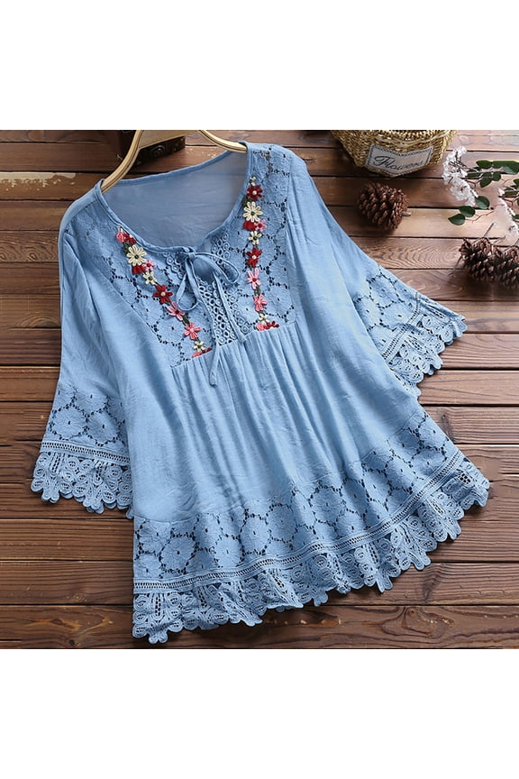 Womens Boho Lace Blouse Floral Embroidered V Neck Tie Front Tops 3/4 Bell Sleeve Mesh Patchwork Shirts Elegant Vacation Summer Casual Peasant Top Sky Blue,XXXXXL