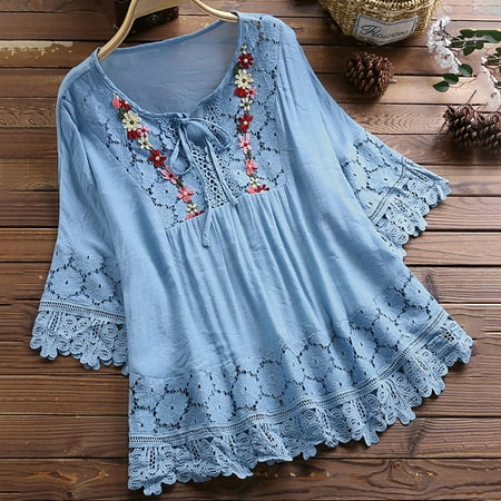 womens Tops for $5 Tops For Women Casual Spring Summer Women Vintage Lace Patchwork Bow V-Neck Three Quarter Blouses Top T-Shirt