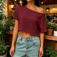 thumbnail image 5 of Womens Off The Shoulder Tops Short Sleeve Solid Crop Tops Casual Loose Summer T Shirt, L, 5 of 5