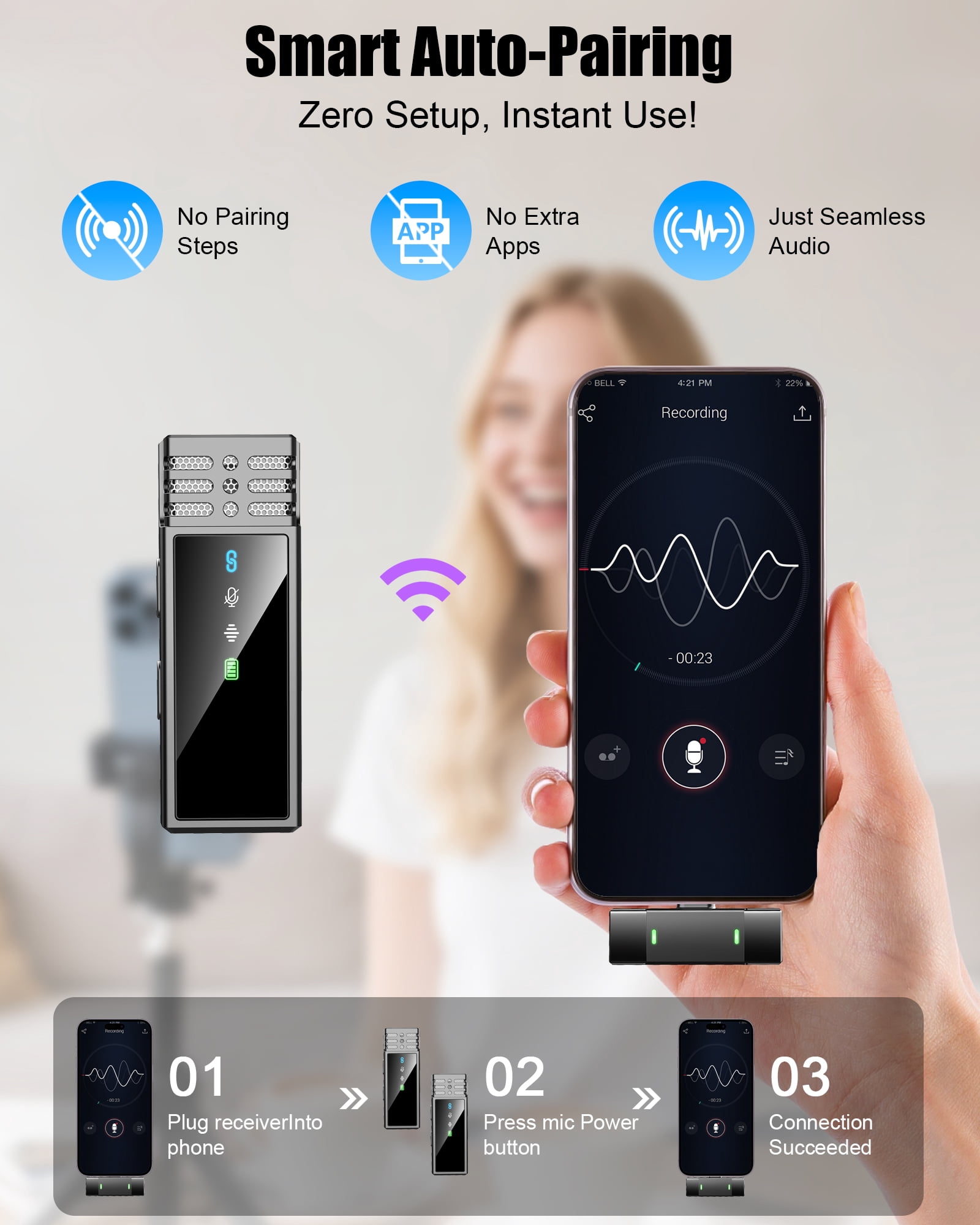 Wireless Lavalier Microphone for Android and iPhone 17/15/16 Series, Lapel Mic with All-in-One 24H Charging Case, Noise Reduction, Play Clip Mic for Video Recording,YouTube, TikTok, Podcast, Vlog