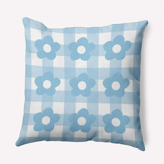 16" x 16" Simply Daisy Flowers on Gingham Polyester Indoor/Outdoor Pillow, Carolina Blue Qty 1