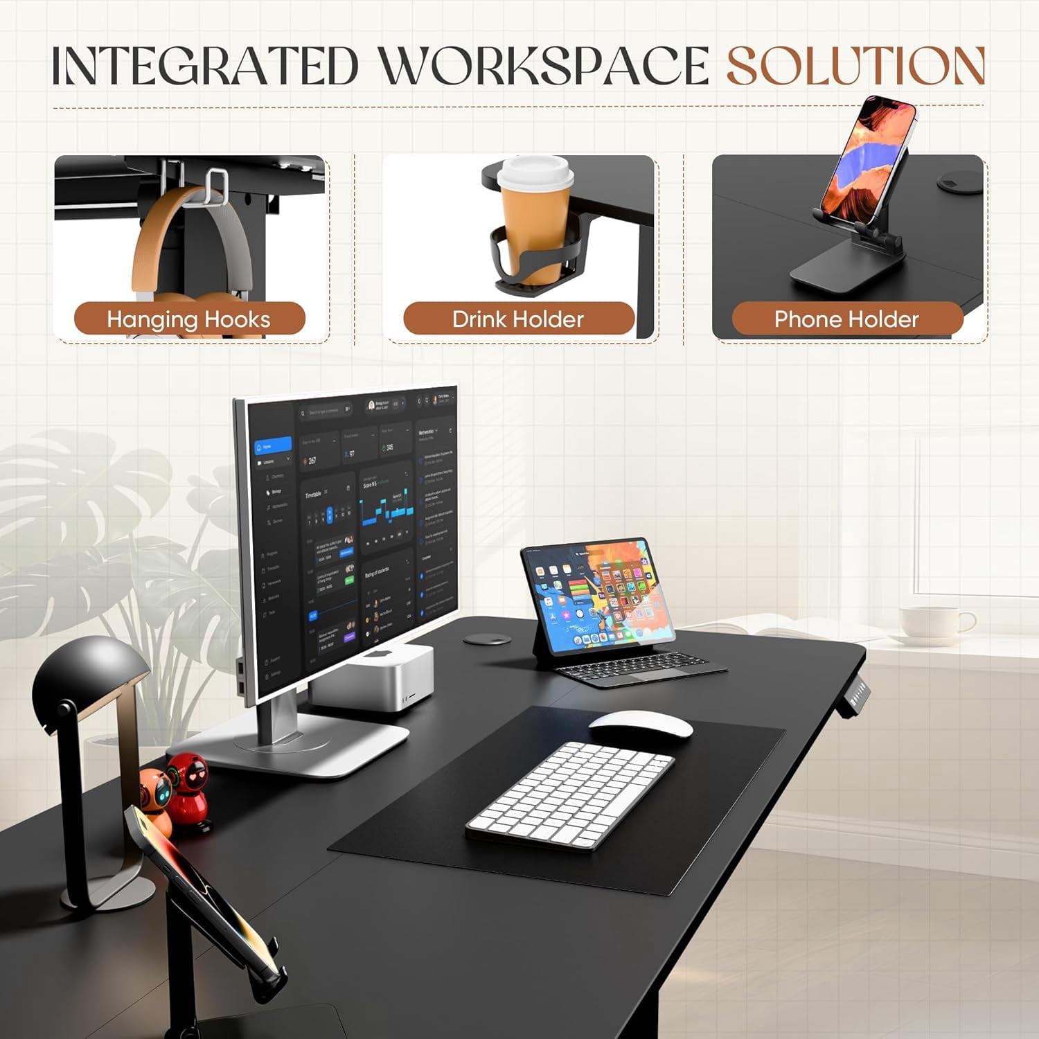 CHTER Electric Standing Desk, 45 x 24 Inches Height Adjustable Sit Stand up Desk, Memory Preset Computer Home Office Desks with Sturdy Metal Frame, Phone Stand Cable Management Hole (Black, 45'')